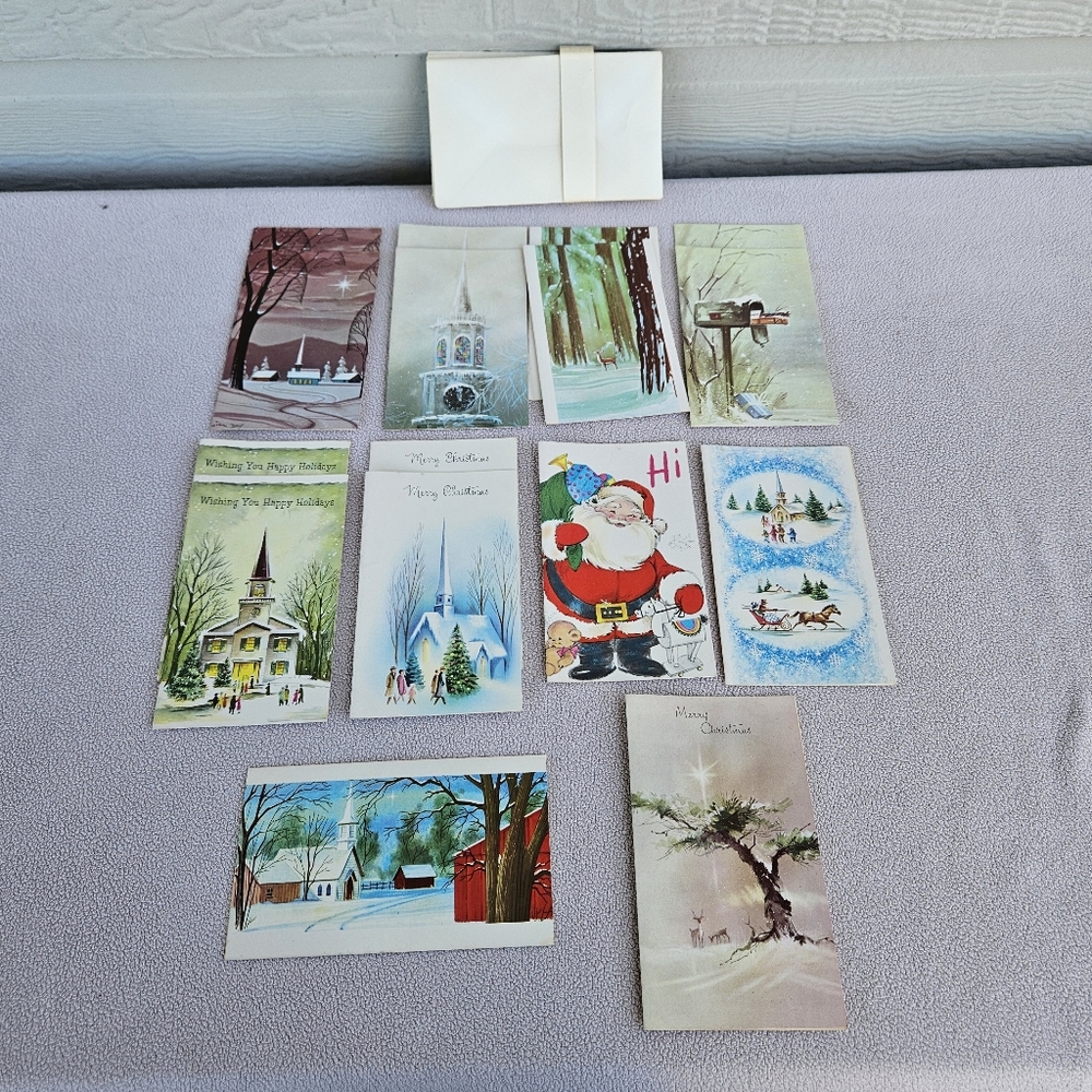 VTG Christmas Card Set of 16 Holiday Greeting Church Snow Deer Santa Mailbox